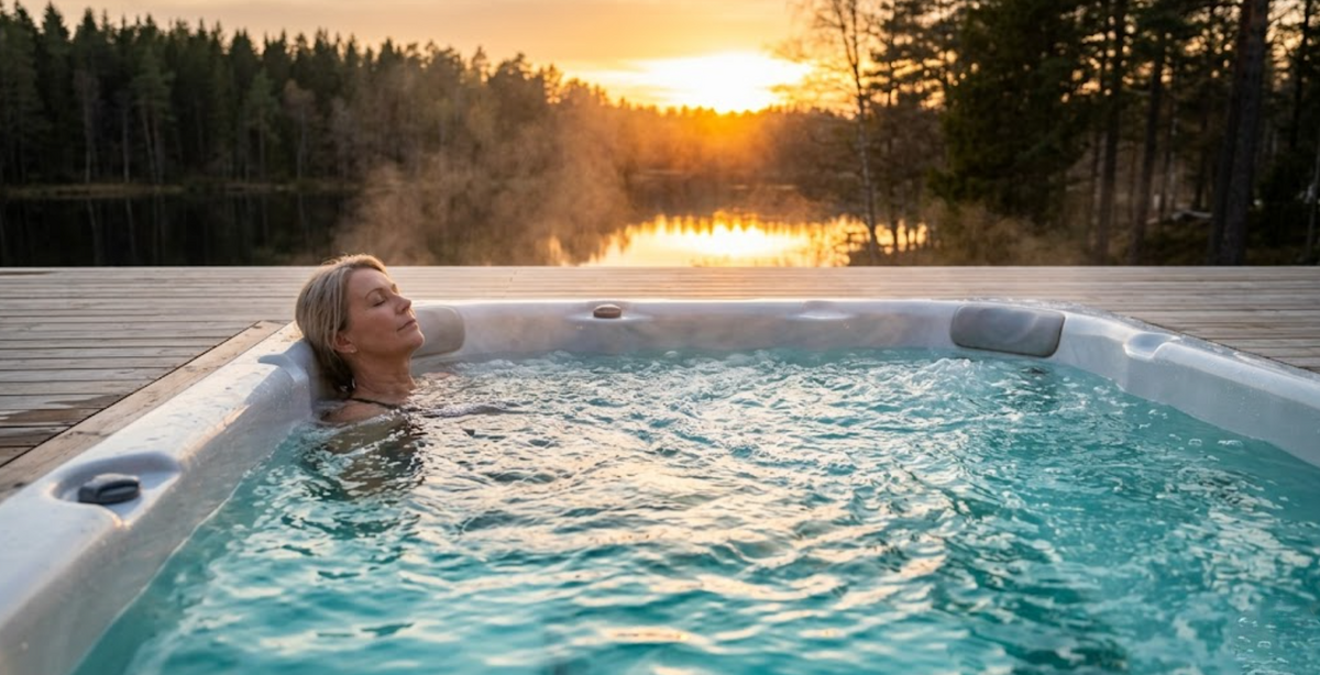 Une vue d'ensemble large d'un spa Viskan encastré dans une terrasse en bois clair, face à un paysage naturel apaisant (forêt ou collines) au coucher du soleil.