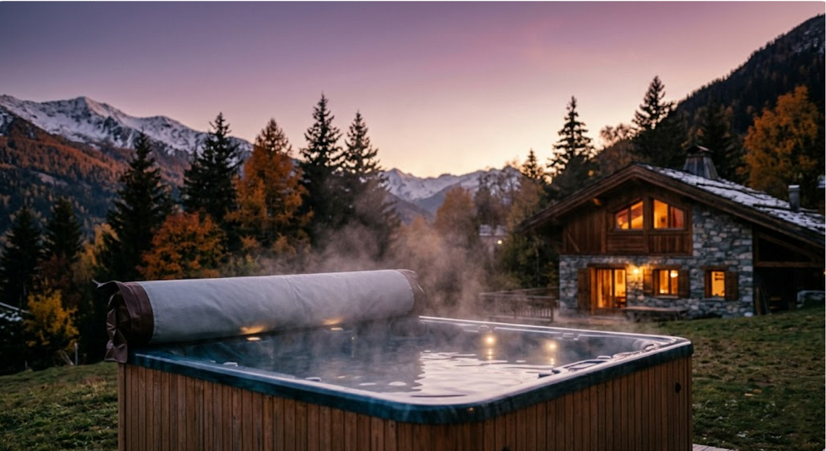 Une vue panoramique apaisante d'un grand spa extérieur en cèdre vide à la tombée de la nuit. Le ciel est un dégradé d'indigo et de violet, et les lumières LED intégrées du spa ainsi que les lumières du chemin sont allumées, créant une ambiance invitante e