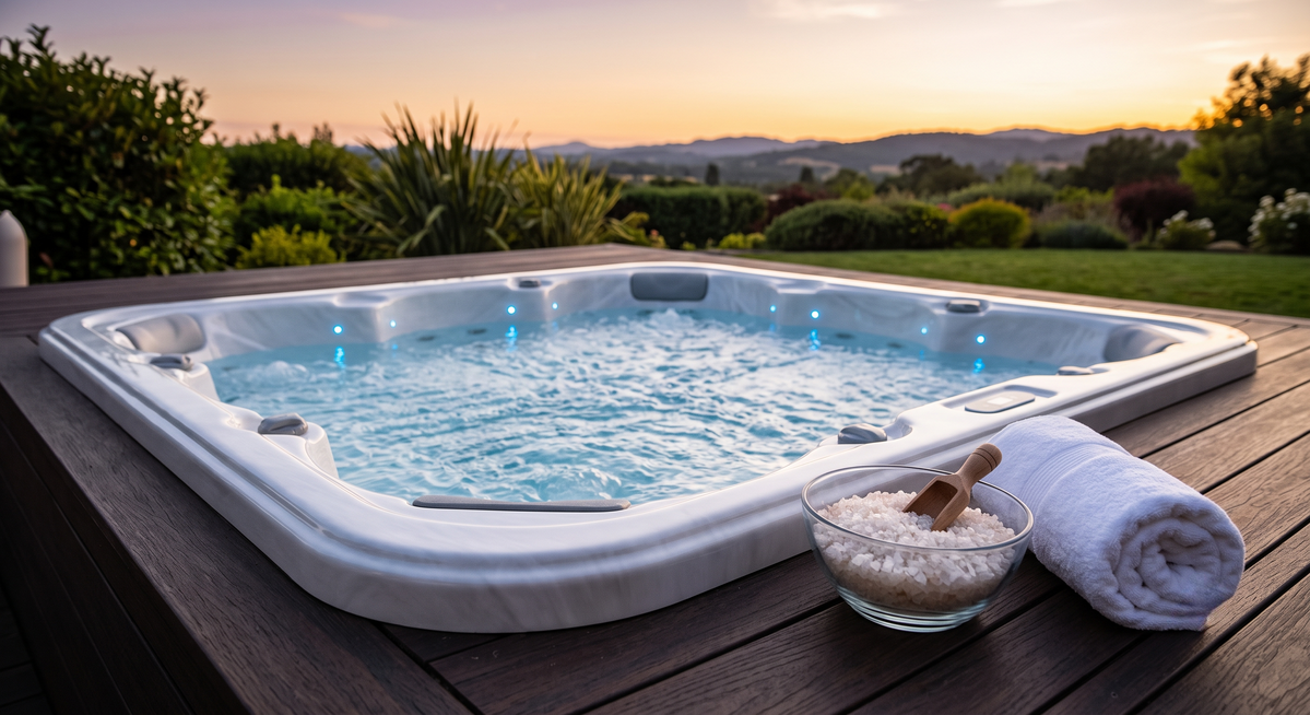 Photographie cinématographique d'un spa de luxe extérieur encastré dans une terrasse en bois au coucher de soleil.