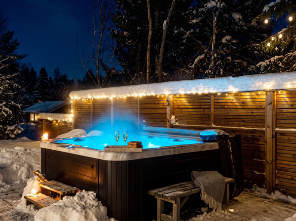 spa viskan sur terrasse dans la nuit avec des lumieres tamisées